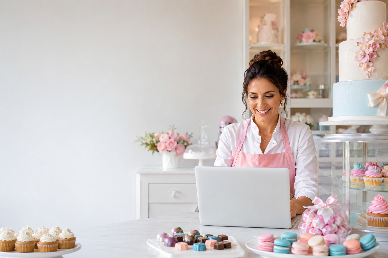 Professional cake designer working in a pastel bakery