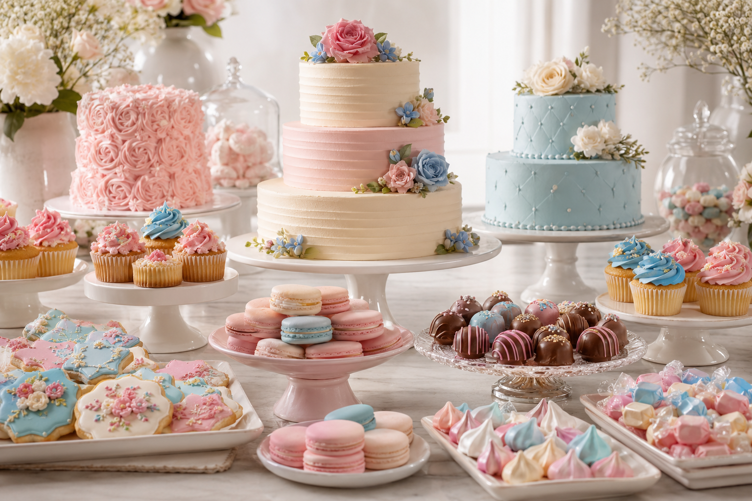 Cakes, cupcakes, macarons and bonbons